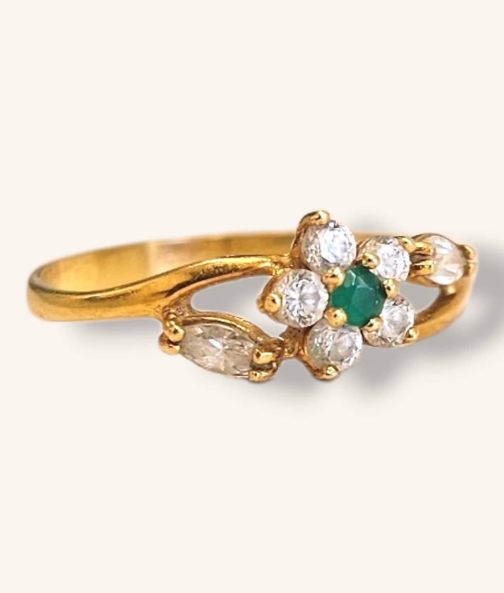 Thumbnail: 18K GOLD DIAMOND & EMERALD PETAL BYPASS RING - 01080J