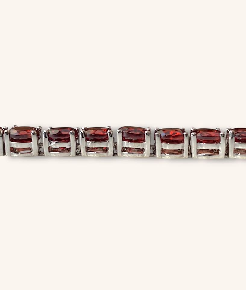 Thumbnail: 925 STERLING SILVER SYNTHETIC GARNET TENNIS BRACELET 8” - H