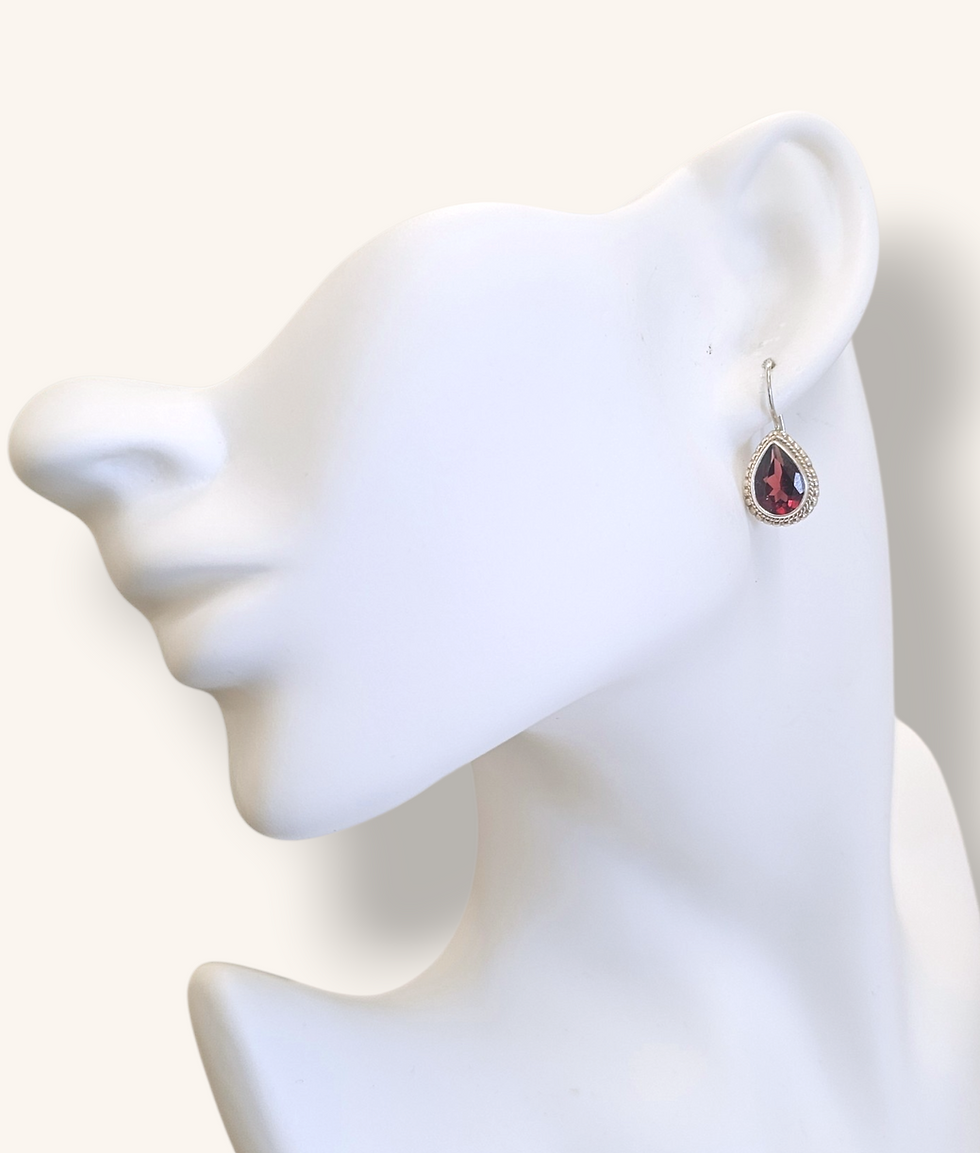 Thumbnail: 925 SILVER GARNET GEMSTONE DANGLE EARRINGS - 01208J