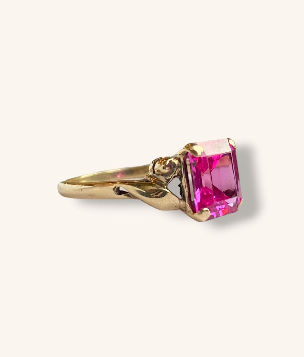 Thumbnail: 10K YELLOW GOLD VINTAGE PINK EMERALD CUT TOPAZ RING - H