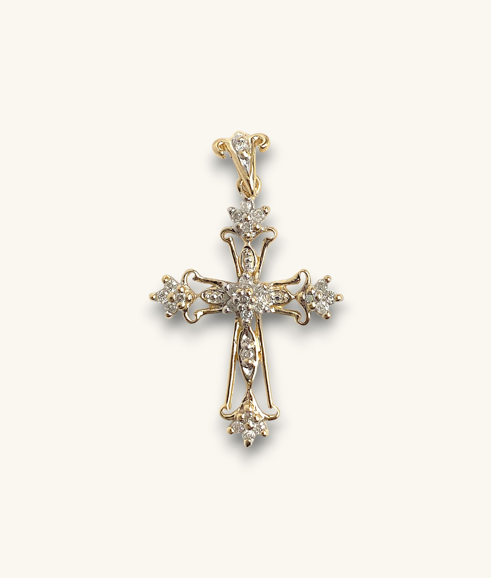14K TWO-TONE FILIGREE ORNATE CROSS WITH ACCENT DIAMOND PENDANT - PD14K507-H