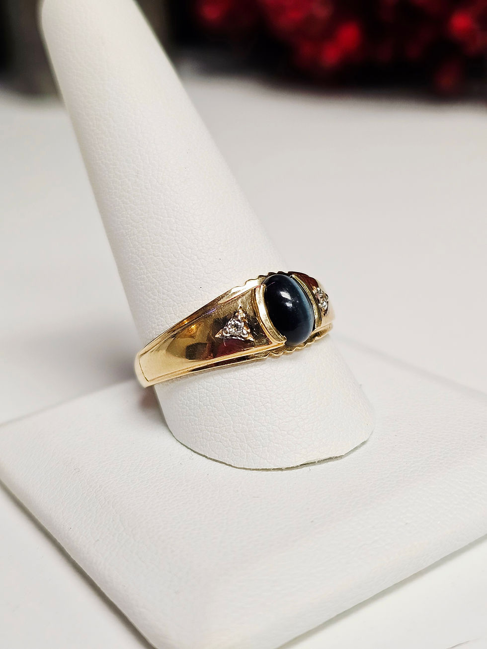 Thumbnail: 10K YELLOW GOLD OVAL GREY CATS EYE & MOISSANITE RING - SZ 11.75 - 00843J