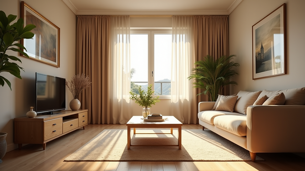 Eye-level view of a cozy vacation rental living room with sunlight