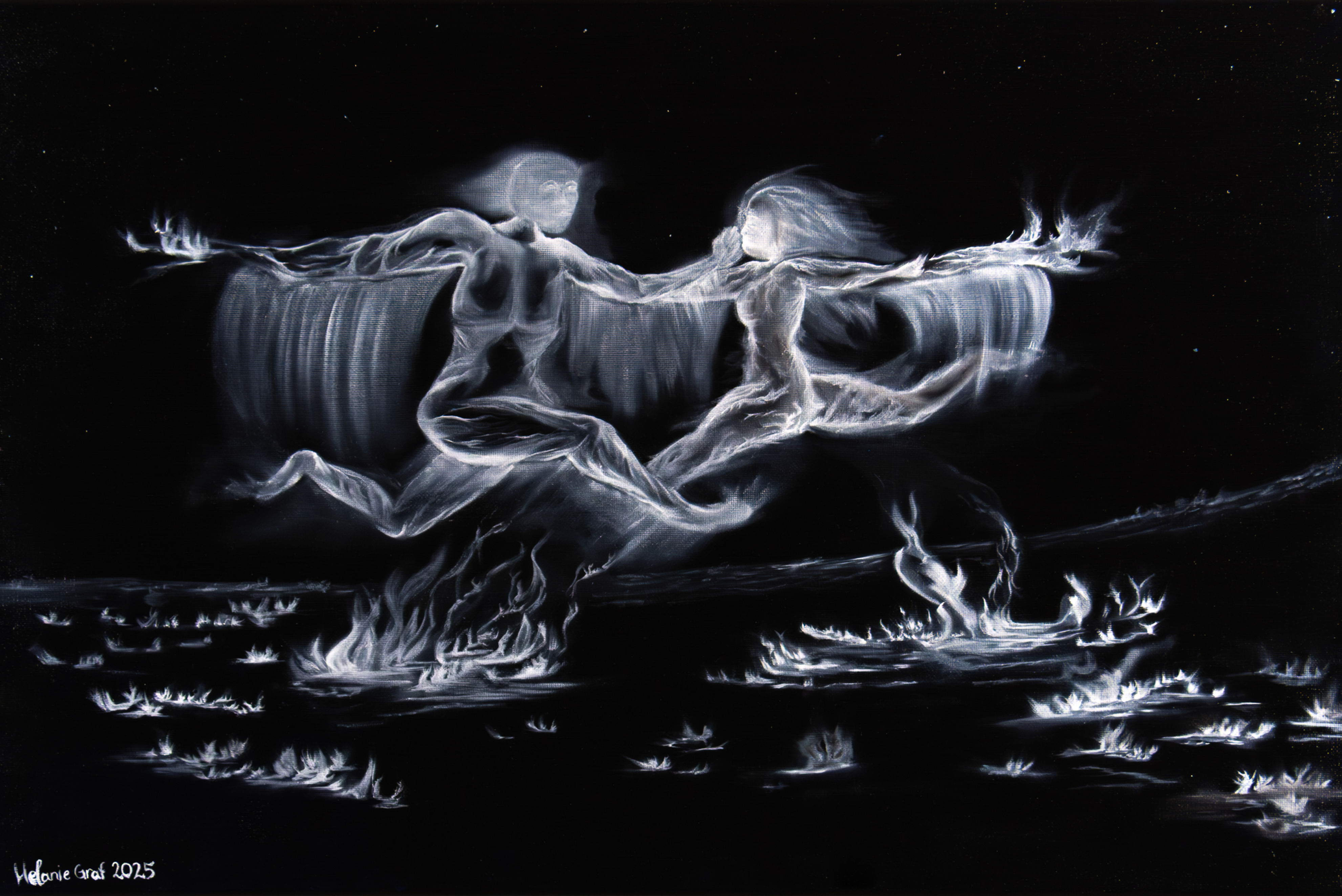 Pärchen aus Rauchschwaden geformt tanzt einen Luftsprung zueinander