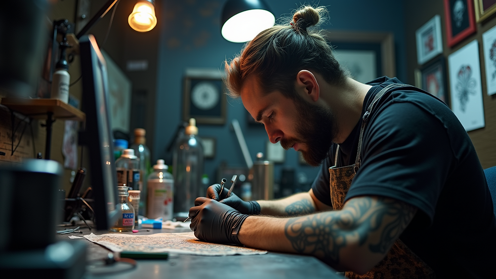 Eye-level view of a tattoo artist at work in a studio
