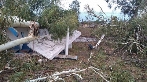 Destrozos en la cancha de Anguilense por caída de eucaliptus