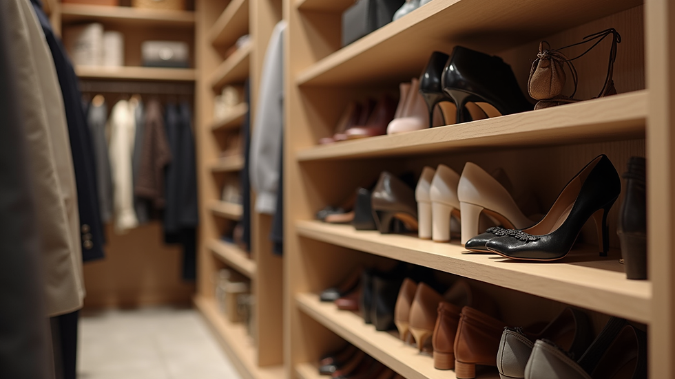 Close-up view of custom closet shelves with organized shoes and handbags