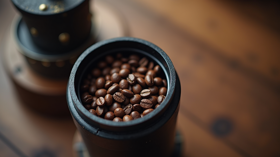 Close-up view of a coffee grinder with beans ready for brewing