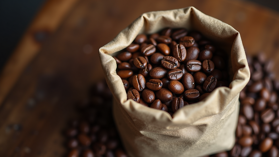 High angle view of a bag of premium Colombian coffee beans