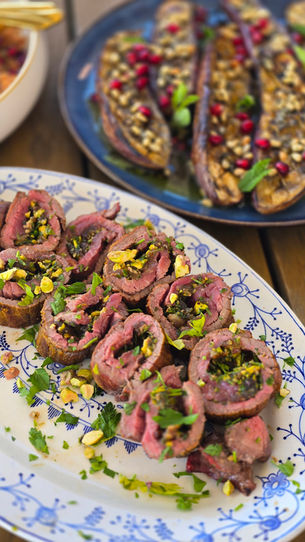 Bavette met pistache, dadels en ras el hanout