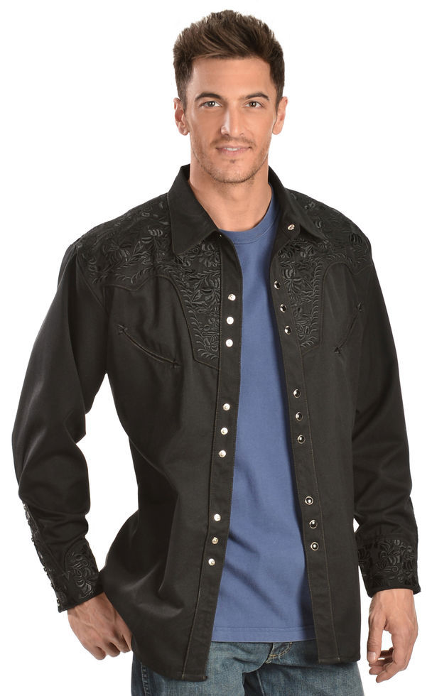 Thumbnail: Scully Floral Embroidery Black Retro Western Shirt