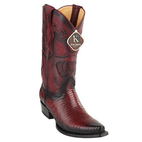 Men's King Exotic Snip Toe Teju Lizard Boots Handcrafted Burnished Burgundy (494RD0743)