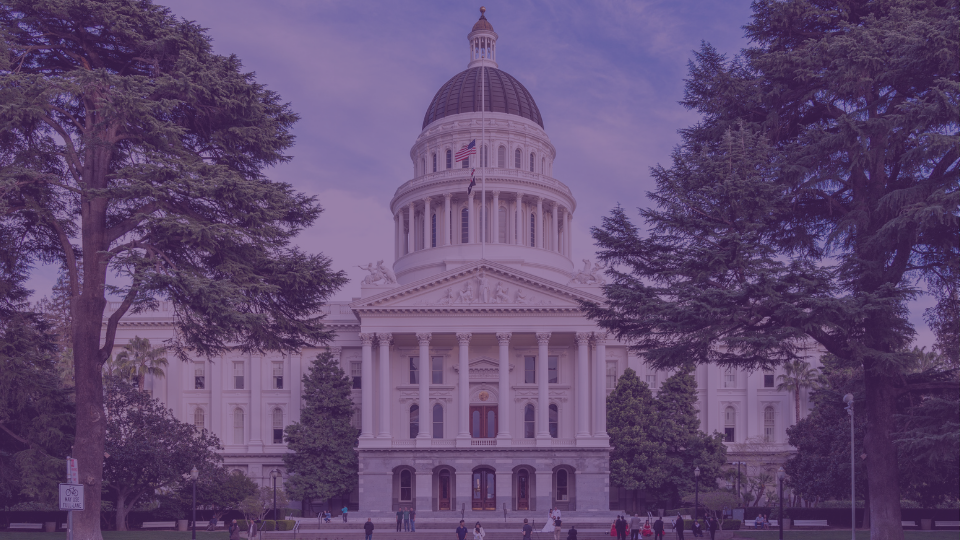 California Capitol building. Large domed building with pillars and American flag, surrounded by trees. People walk nearby. Sky is cloudy. Building appears central.