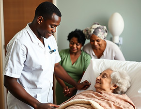 Black staff member providing respite care to a white patient with family surrounding.jpg