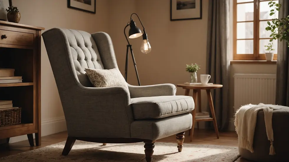 Close-up of a calm and inspiring reading corner with a cozy chair