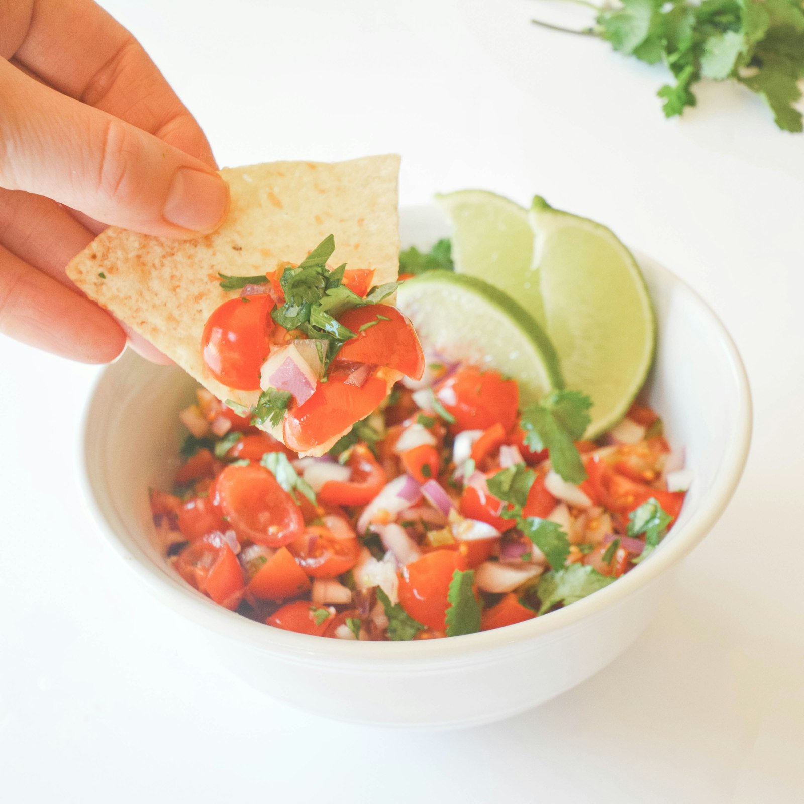 Fresh pico de gallo with lime and a tortilla chip