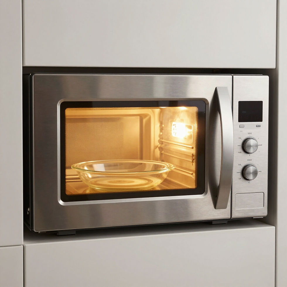 rv microwave on the side of the interior of a rv wall in the kitchen
