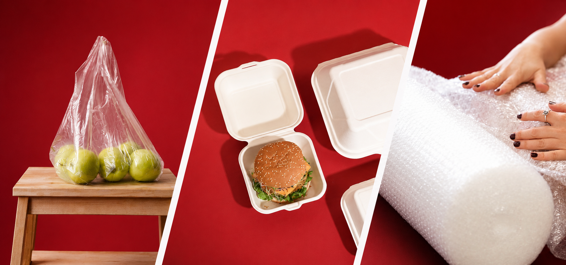 Catálogo de productos de Bolsas y Plásticos Bety: bolsas de polietileno con manzanas verdes en un taburete de madera, un contenedor desechable de comida tipo almeja abierto con una hamburguesa adentro, y un rollo de burbuja de plástico para embalaje siendo manipulado por manos.
