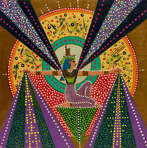 Isis 2.0, 2019, by Mindy Seeger, acrylic and colored pencil on wood panel, 12" x 12" 