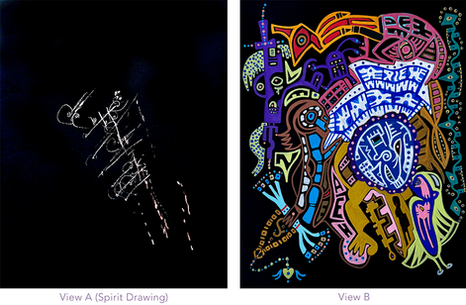 Heaven-Sent, by Mindy Seeger; 2025, 14"H x 11"W; View A (Spirit Drawing) - colored pencil on paper; View B - acrylic and colored pencil on paper 