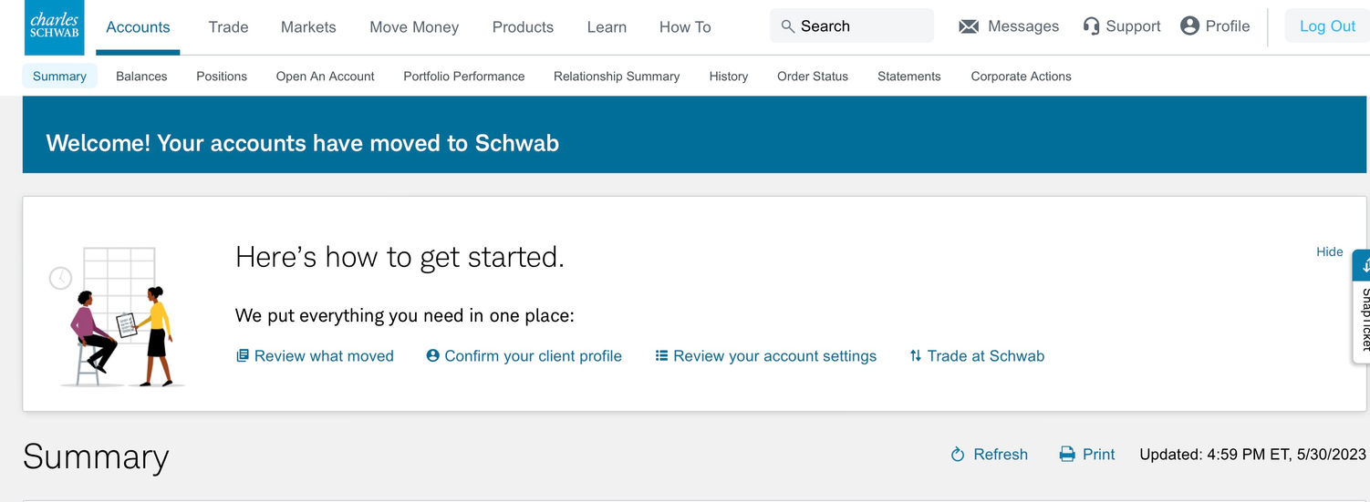 Goal:Show new clients whose accounts transitioned from TD Ameritrade how to use Schwab’s website to make trades.