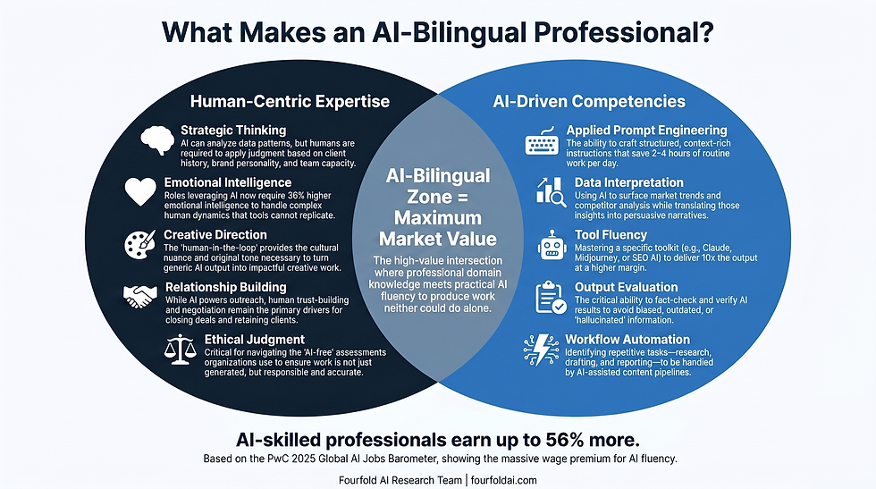 Venn diagram showing human skills and AI skills overlap to define an AI-bilingual professional in 2026