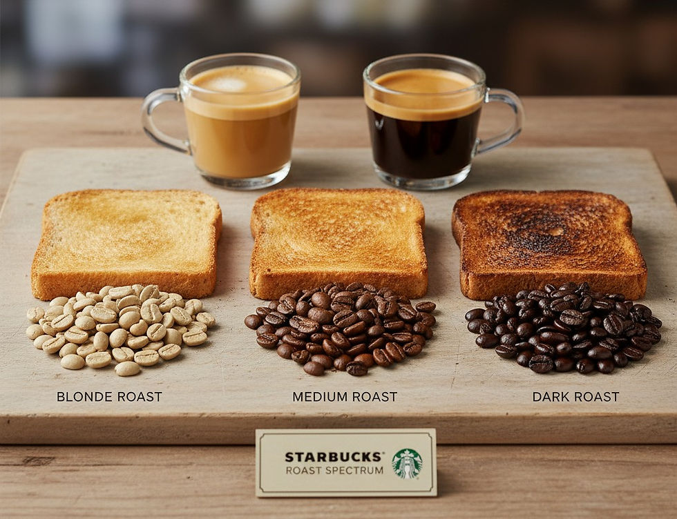A visual guide showing three stages of coffee roasting next to toast analogies. On the left, light blonde coffee beans sit next to a lightly toasted piece of bread, labeled "BLONDE ROAST." In the middle, medium-brown coffee beans are paired with golden-brown toast, labeled "MEDIUM ROAST." On the right, dark brown coffee beans are next to deeply toasted bread, labeled "DARK ROAST." Above these, two espresso shots in clear glasses demonstrate the color difference between blonde and dark roasts. A small Starbucks Roast Spectrum sign is at the bottom.