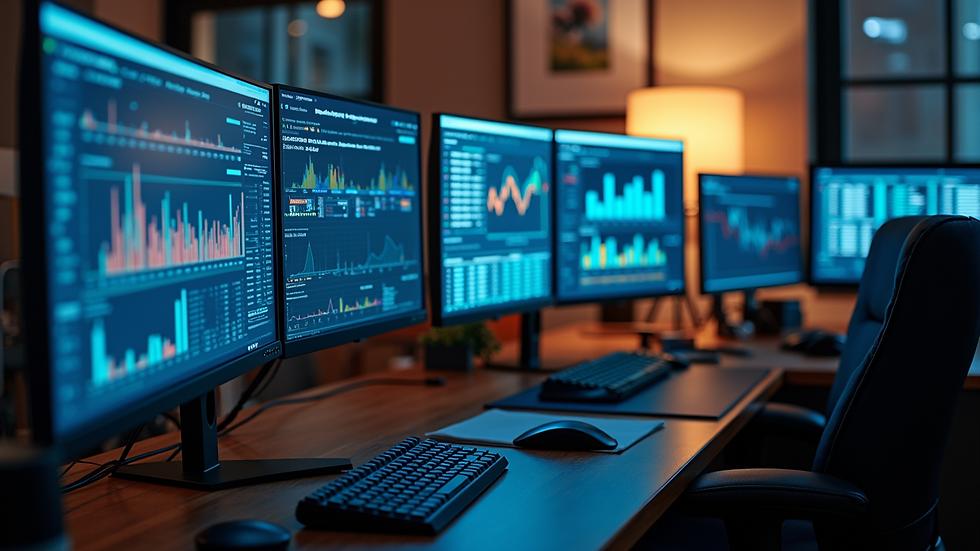 High angle view of a workspace with multiple screens showing marketing analytics