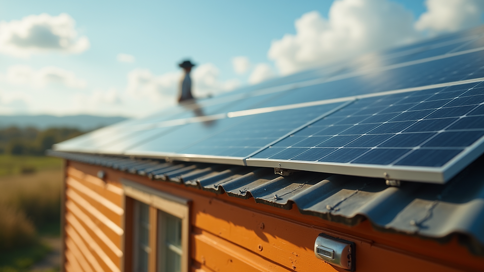 Close-up view of solar panels installed on a portable cabin roof