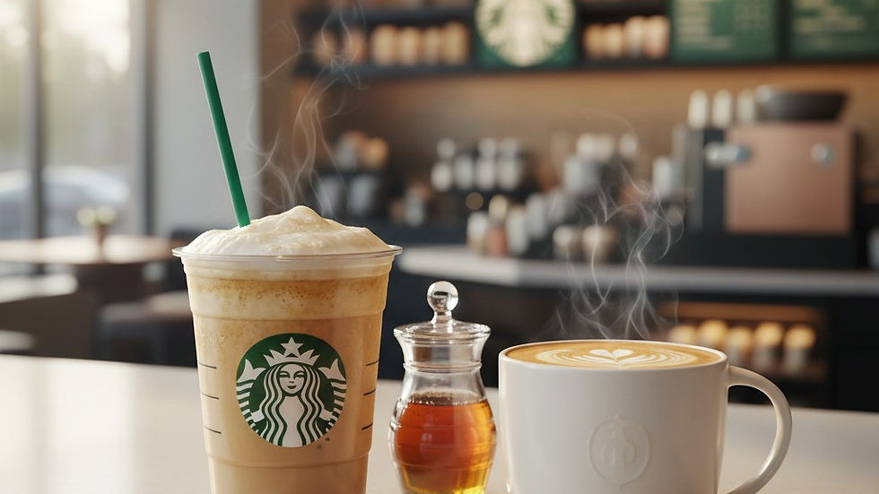 An iced coffee drink with a green straw, a jar of honey, and a steaming hot latte with latte art, all on a counter in a Starbucks cafe setting.
