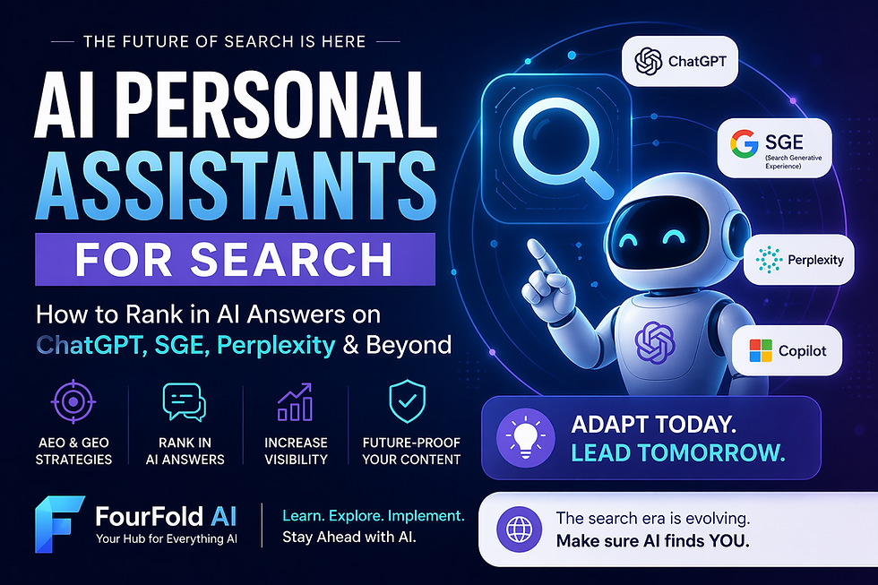 AI robot pointing at search icons with colorful text on AI Personal Assistants for Search. Logos: ChatGPT, SGE, Perplexity, Copilot.