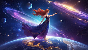 A fantasy-style romantic digital illustration of a young woman standing gracefully on top