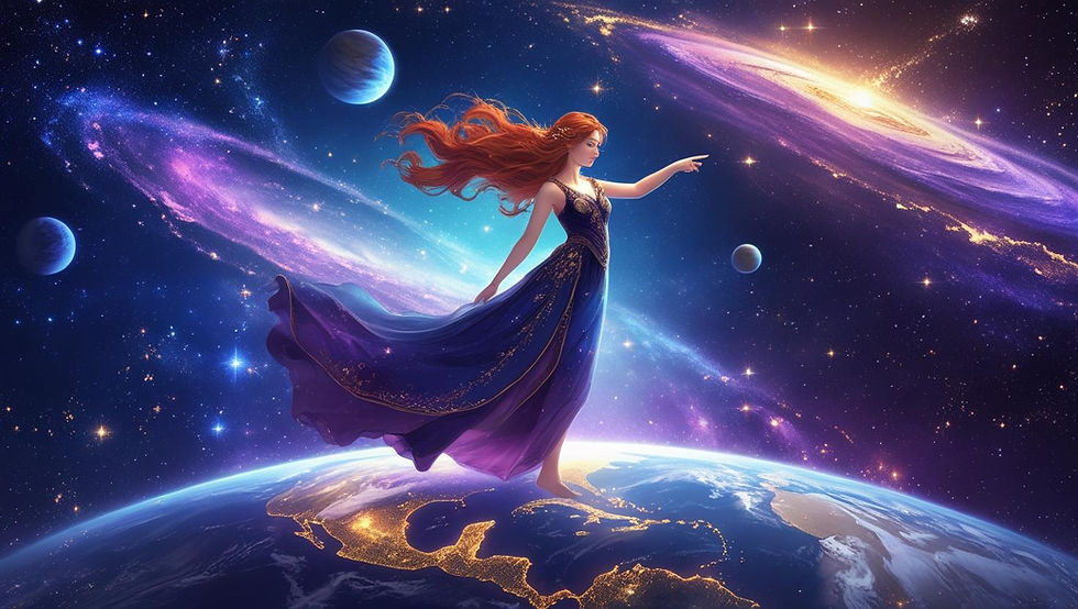 A fantasy-style romantic digital illustration of a young woman standing gracefully on top