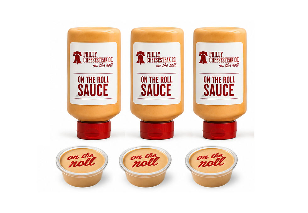 Three Philly Cheesesteak Co. On The Roll Sauce bottles and cups.