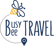 Busy Bee Travel Logo, a beeline trails as a bee flies from a location pin