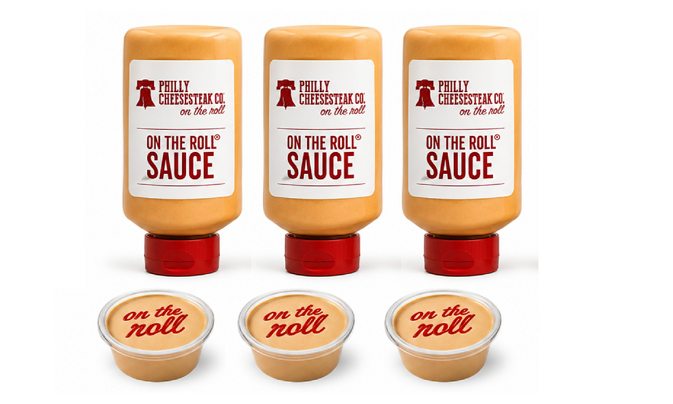 Three Philly Cheesesteak Co. On The Roll Sauce bottles and cups.