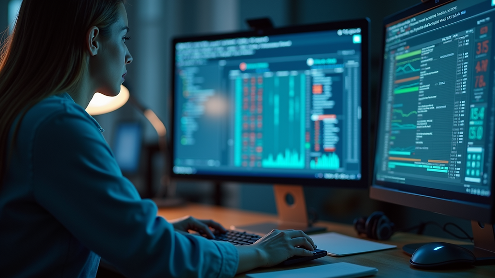 Close-up view of a cybersecurity professional analyzing data on a computer screen