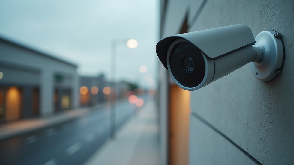 Eye-level view of a modern security camera mounted on a wall