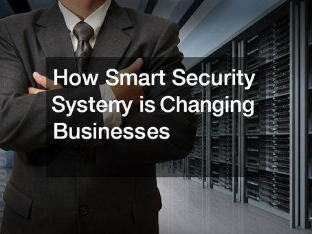 Business professional standing in server room with text overlay “How Smart Security System is Changing Businesses” — featuring live CCTV monitoring and security cameras for modern enterprise security
