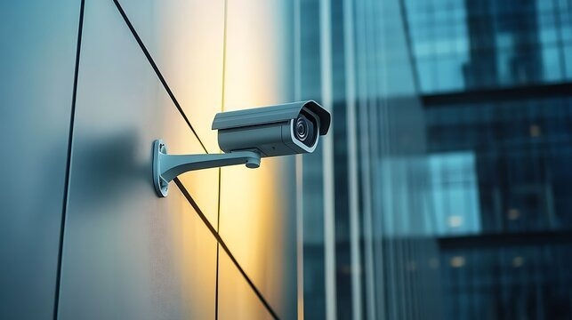 Close-up of a high-resolution security camera installed on a corporate building exterior, symbolizing live CCTV monitoring and remote surveillance services for business security.