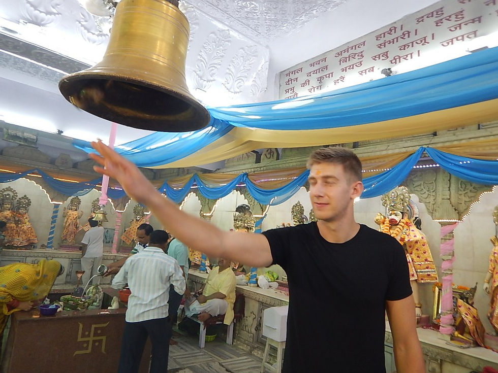 Photo of bell-ringing in a temple in Old Delhi, India