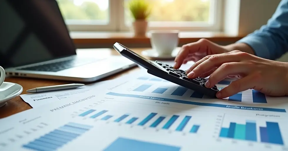 Pessoa usando calculadora com gráficos financeiros e documentos de trabalho sobre a mesa 
