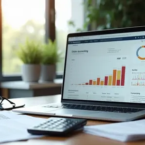 Mesa de trabalho com computador aberto mostrando plataforma digital de contabilidade, documentos e calculadora ao lado 
