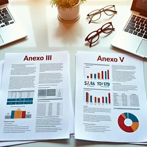 Documentos com cálculos e gráficos comparando Anexo III e Anexo V do Simples Nacional em mesa de escritório moderno 