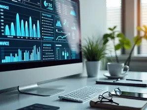 Tela de computador mostrando um sistema digital de emissão automática de notas fiscais com gráficos e ícones financeiros claros