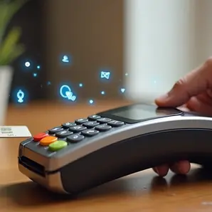 Máquina de cartão de crédito em uma mesa com mãos usando cartão para pagamento 