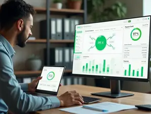 Empresário analisando painel financeiro digital com destaque para ícone de PIX automático