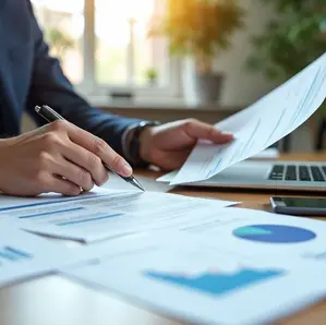 Empreendedor analisando documentos e planilhas tributárias em ambiente de escritório moderno 