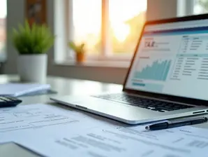 Mesa de escritório com laptop aberto em plataforma de contabilidade digital, documentos fiscais e calculadora ao lado
