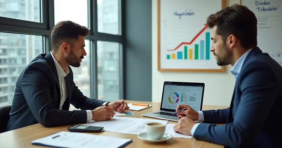 Empresário e contadora negociando dívidas tributárias com documentos e gráficos em mesa de escritório